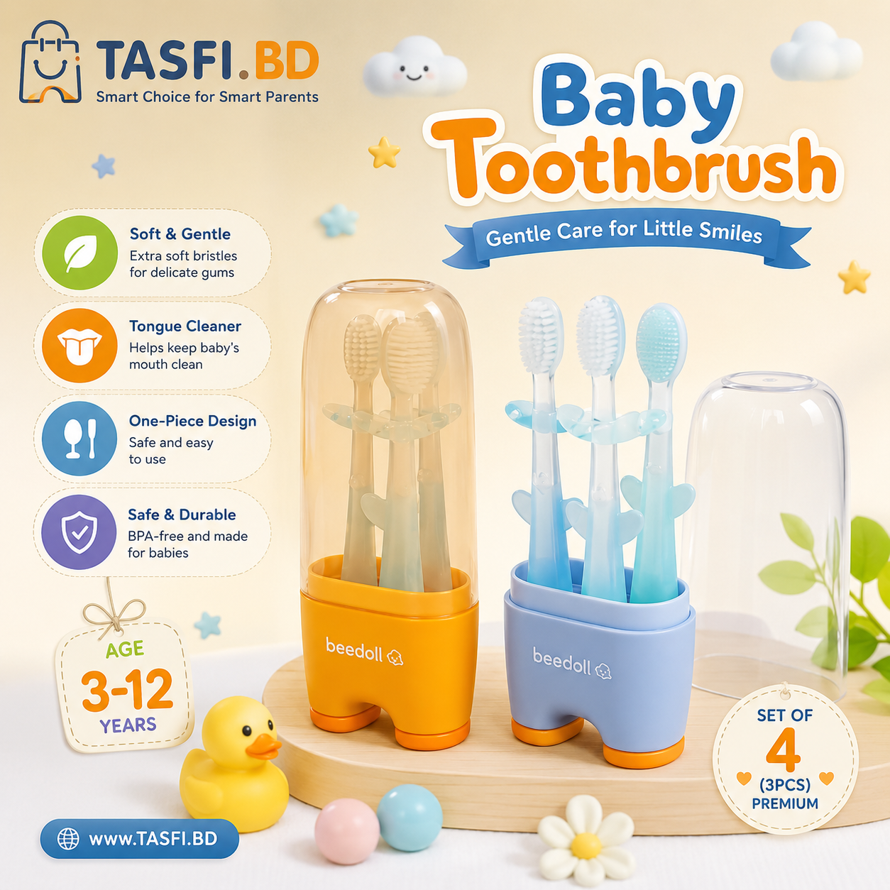 Tasfi 3-in-1 Silicone Baby Toothbrush & Tongue Cleaner Set with Storage Case